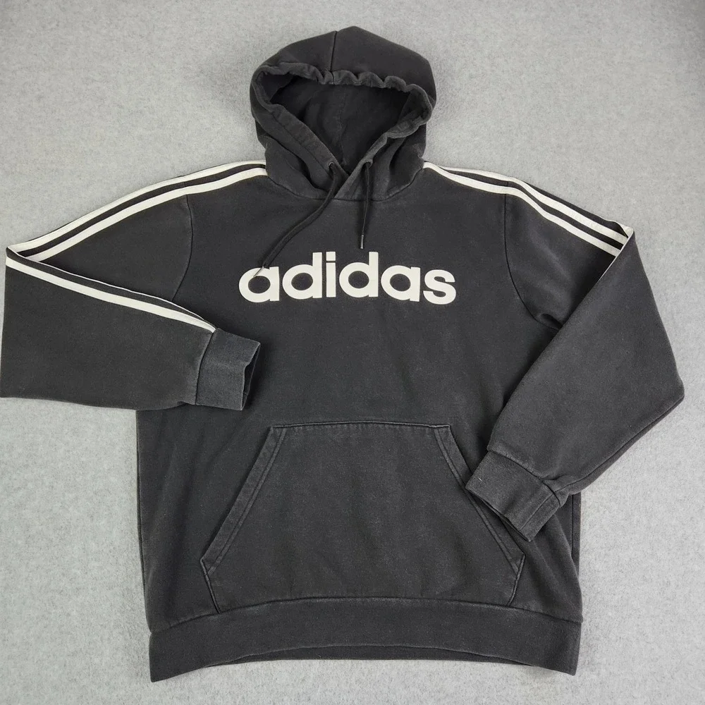 Adidas Hoodie Mens Medium‎ Black Essentials 3-Stripe Pullover Logo Sweatshirt